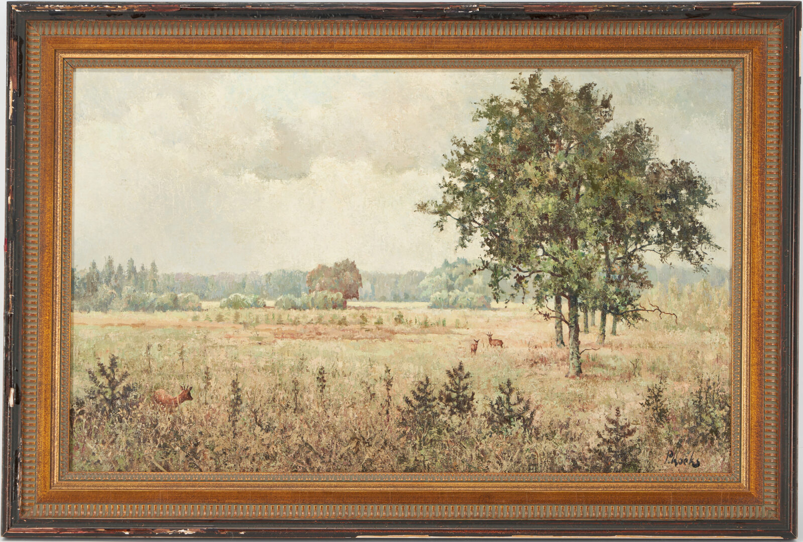 Lot 1064: Pierre Hoeks Oil on Canvas Landscape w/ Deer