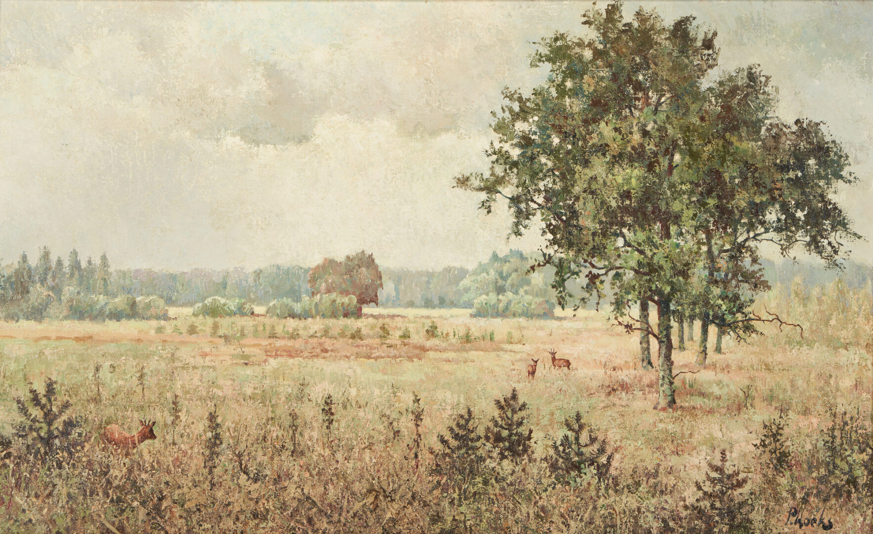 Lot 1064: Pierre Hoeks Oil on Canvas Landscape w/ Deer