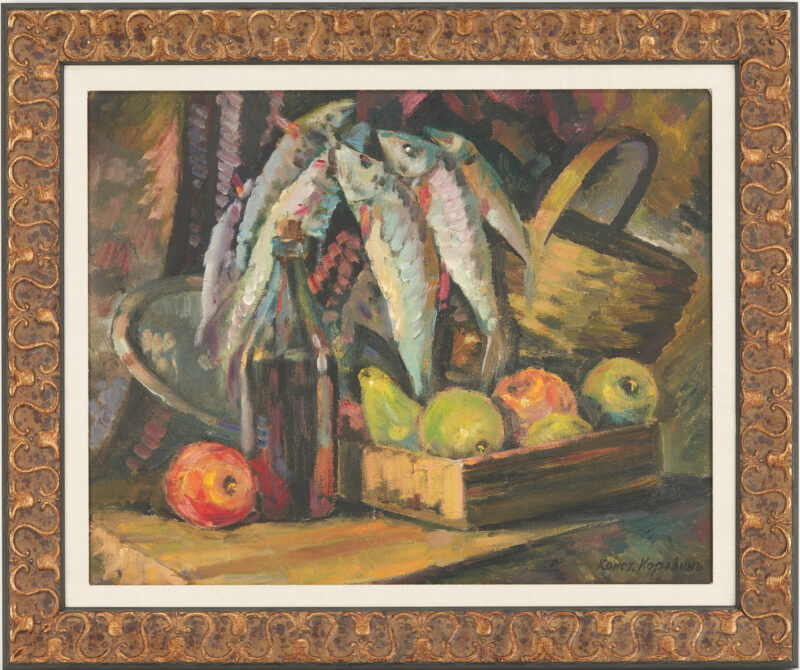 Lot 1066: Russian Impressionist O/C Still Life with Fish, signed in Cyrillic