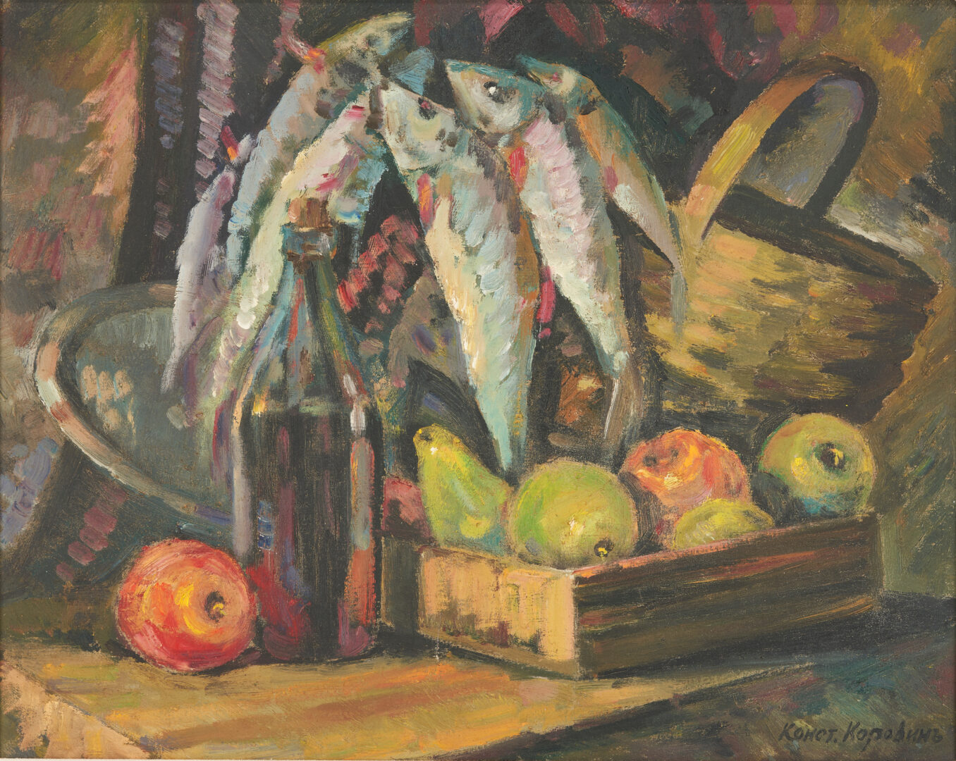 Lot 1066: Russian Impressionist O/C Still Life with Fish, signed in Cyrillic