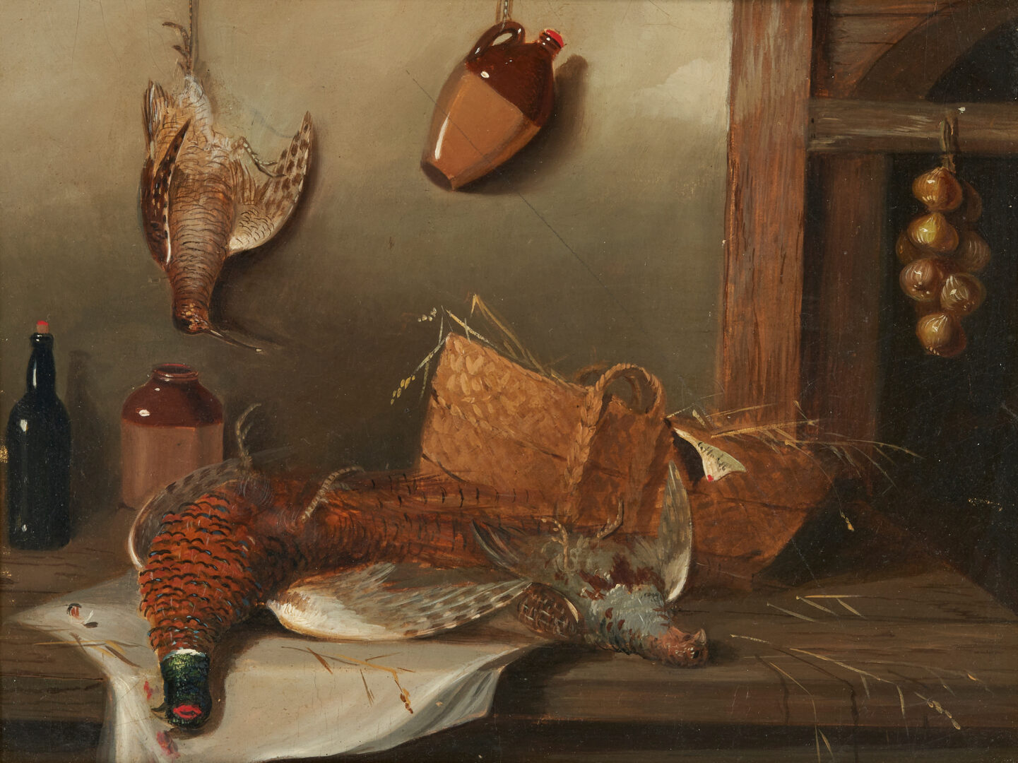 Lot 1067: Nature Morte or Still Life Painting with Game and Wine, O/B