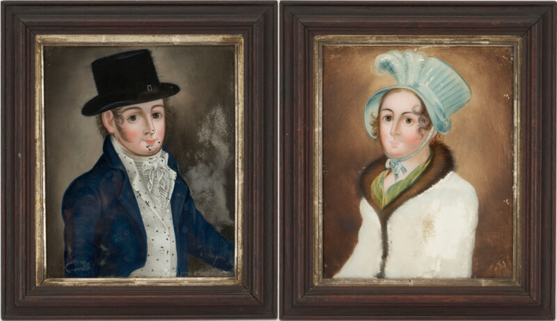 Lot 1069: Pr. Early Reverse Glass Paintings, Lady and Gentleman
