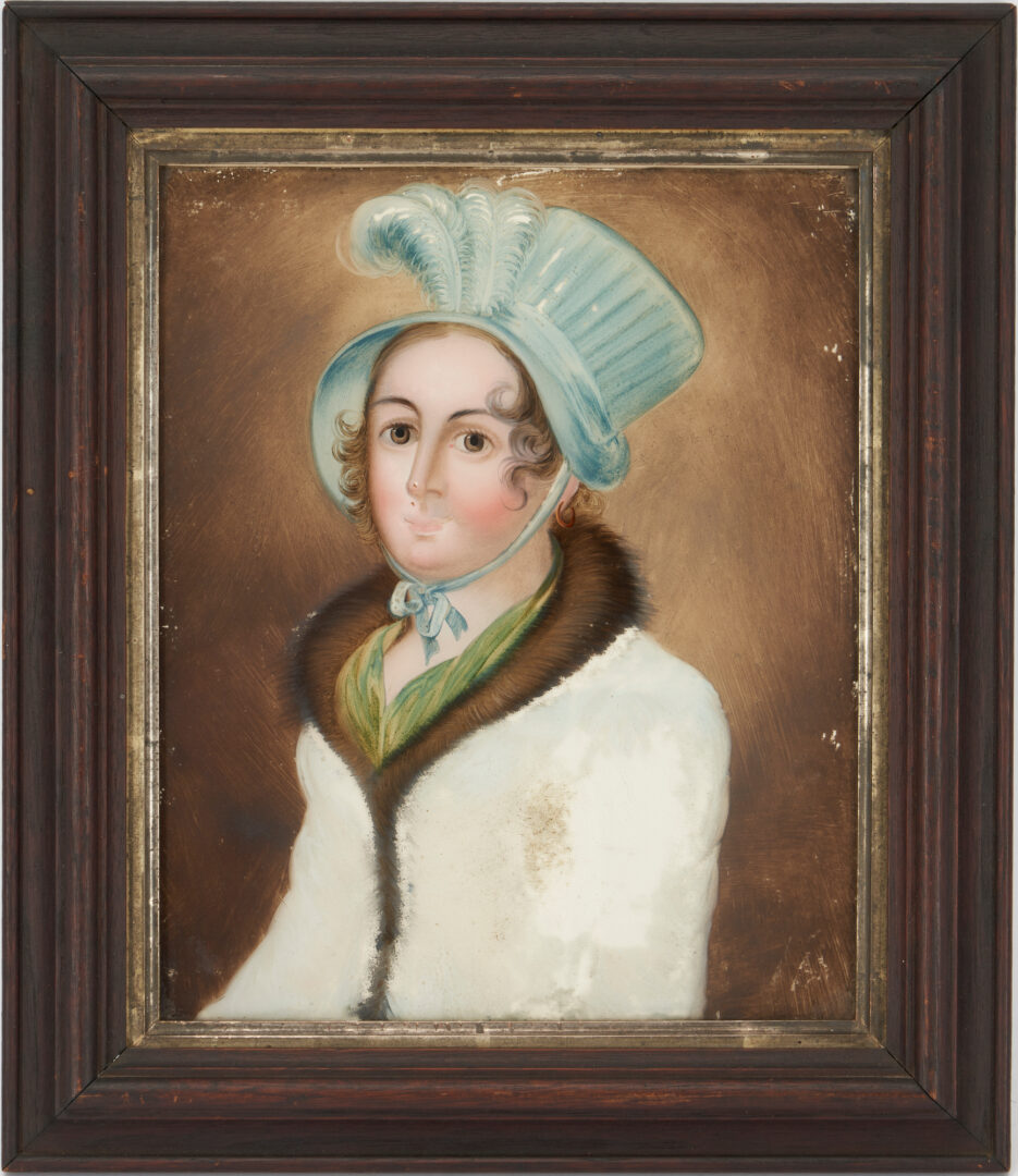 Lot 1069: Pr. Early Reverse Glass Paintings, Lady and Gentleman