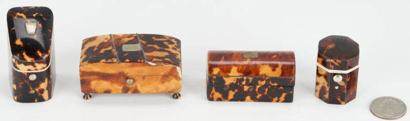 Lot 107: 4 Miniature Tortoiseshell Boxes, Sewing Related