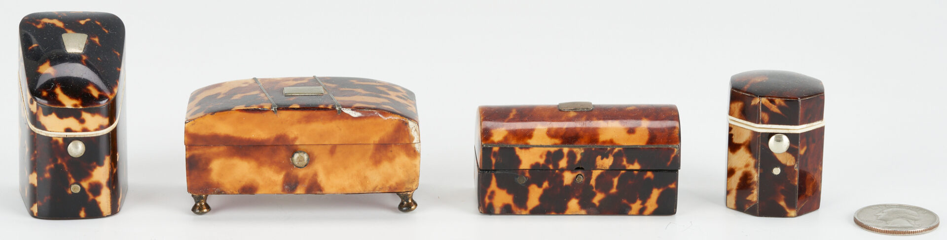Lot 107: 4 Miniature Tortoiseshell Boxes, Sewing Related