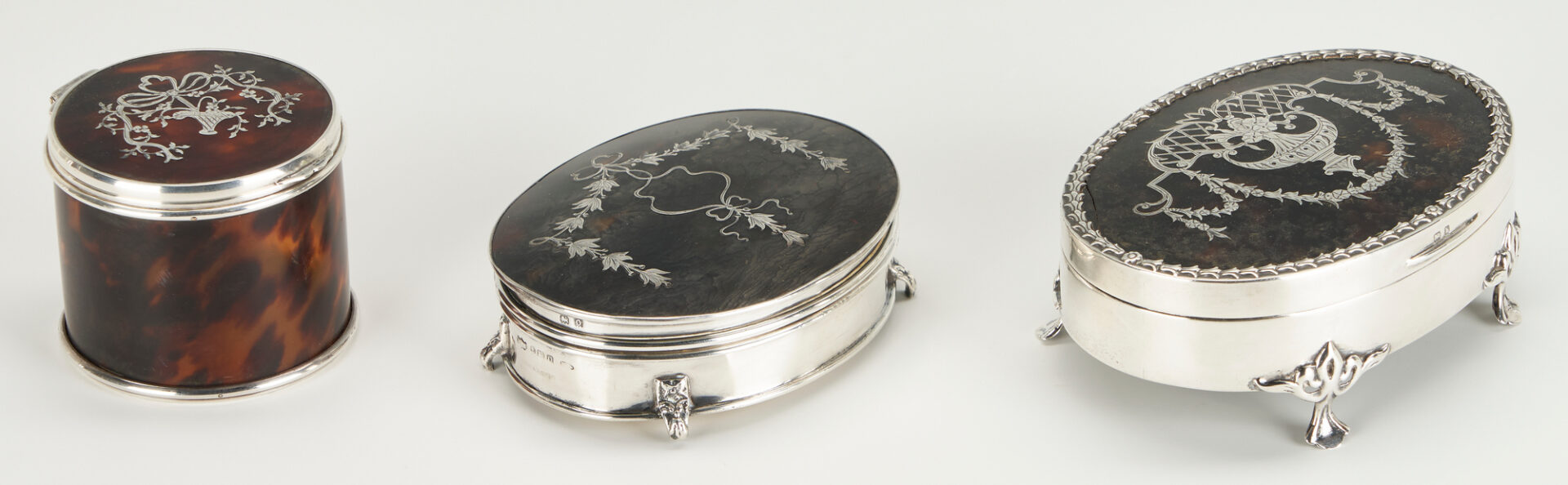 Lot 108: 3 Small George IV Tortoiseshell Boxes with Sterling Mounts & Inlay