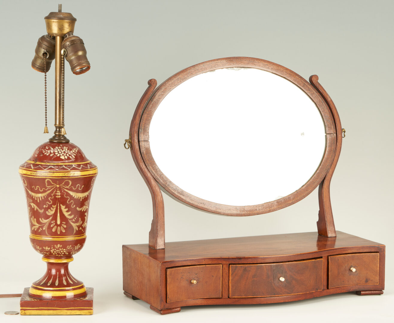 Lot 1093: English Mahogany Dressing Mirror & Italian Porcelain Urn Form Lamp