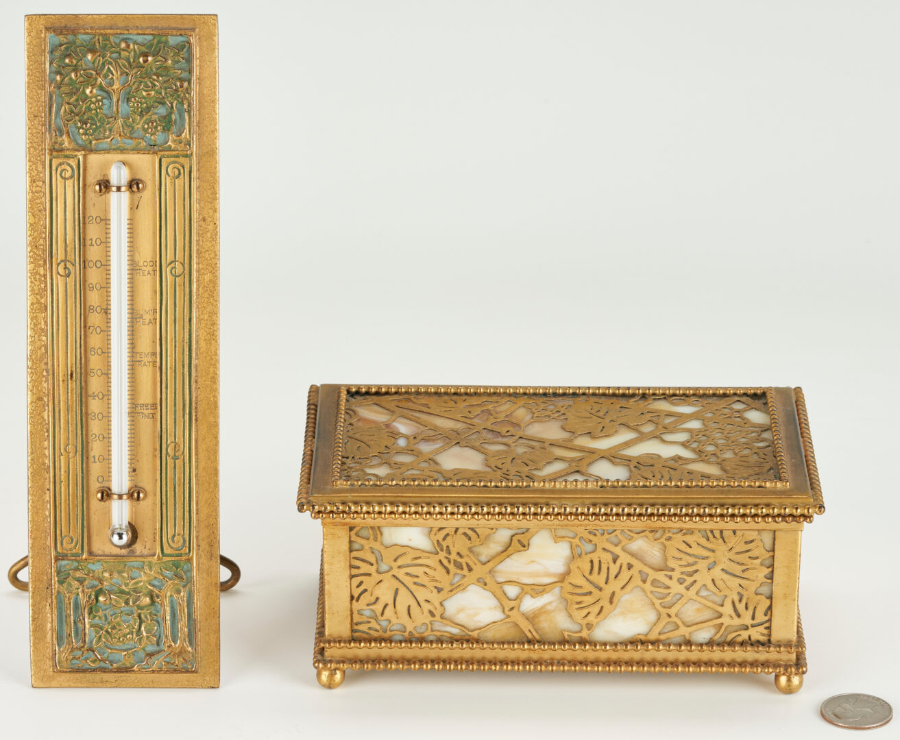 Lot 111: 2 Tiffany Bronze items: Jewelry Box & Bookmark Thermometer