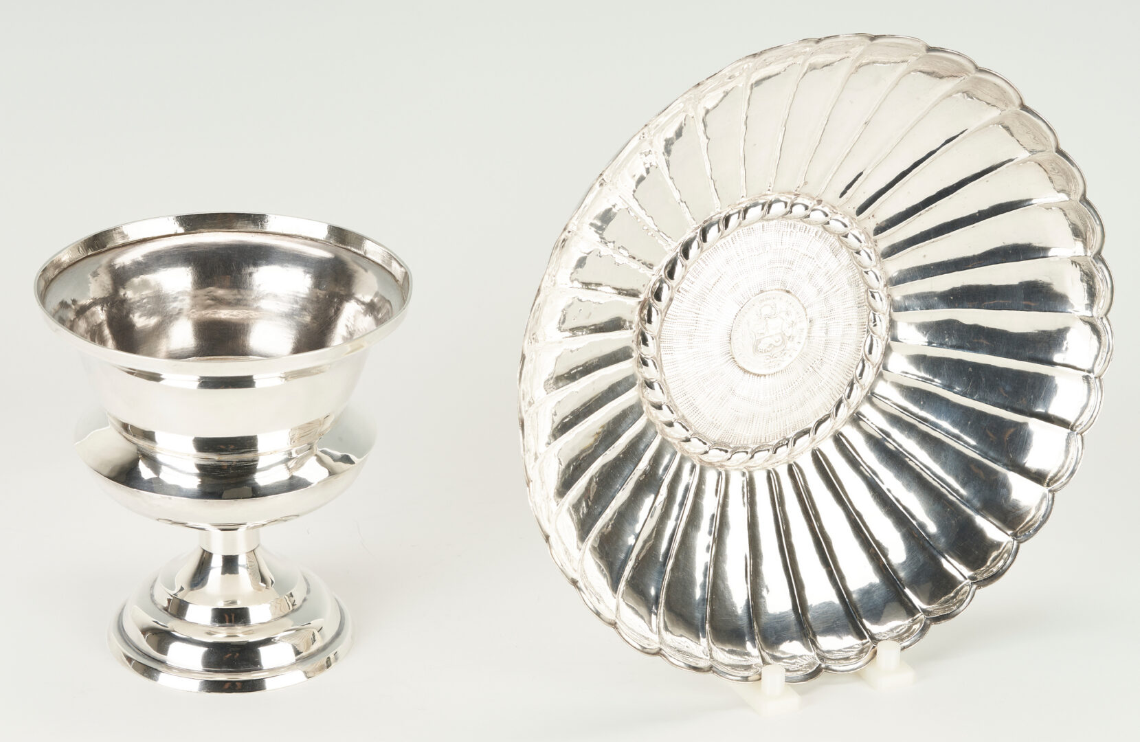 Lot 1126: Sanborn Mexican Sterling Silver Urn & Peruvian Sterling Silver Bowl w/ Inset 1869 Coin, 2 items