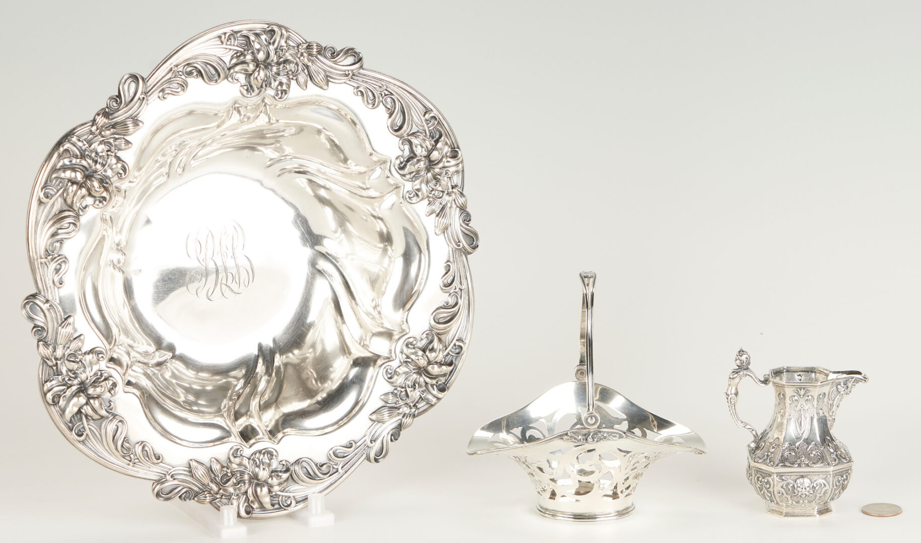 Lot 1133: 3 pcs. Sterling Silver Hollowware: Art Nouveau Bowl, Basket and Figural Creamer