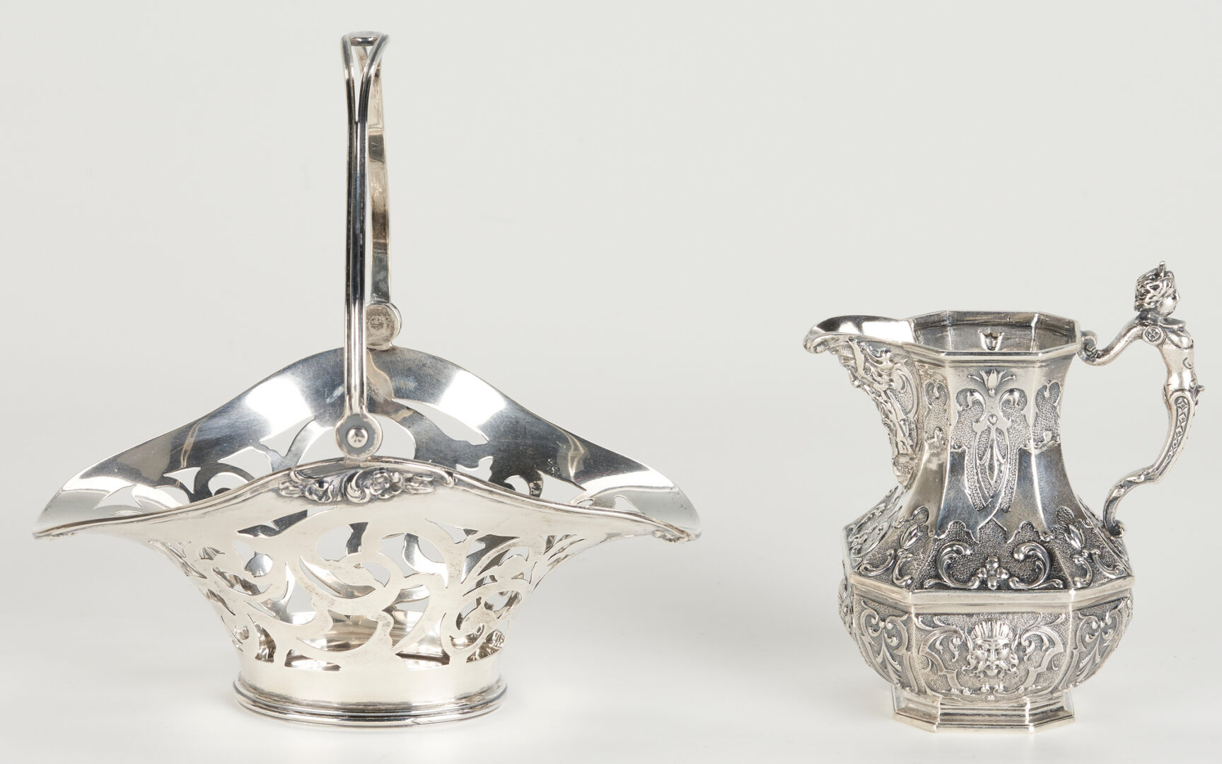 Lot 1133: 3 pcs. Sterling Silver Hollowware: Art Nouveau Bowl, Basket and Figural Creamer