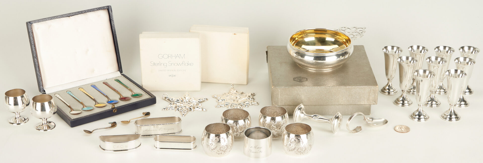 Lot 1134: 32 Pcs. Assd. Silver, incl. Napkin Rings, Ornaments, Danish Spoons
