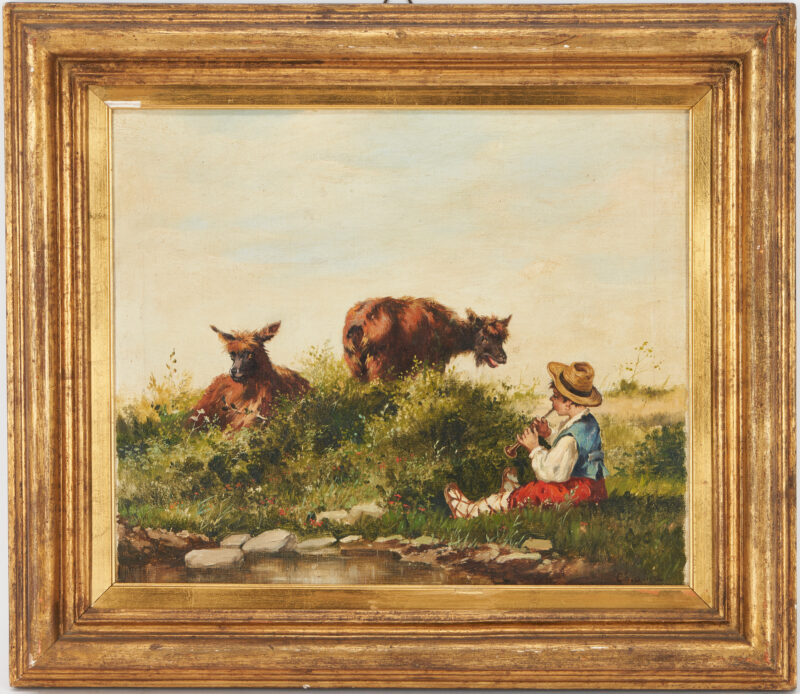 Lot 1148: After Luigi Chialiva, O/C Pastoral Painting, Goatherd