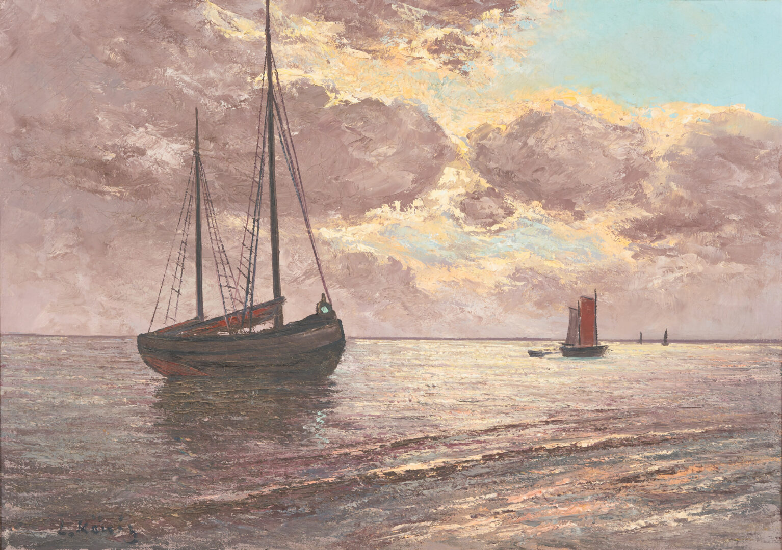 Lot 1154: Continental School O/C Maritime Painting, Boats Under an Evening Sky
