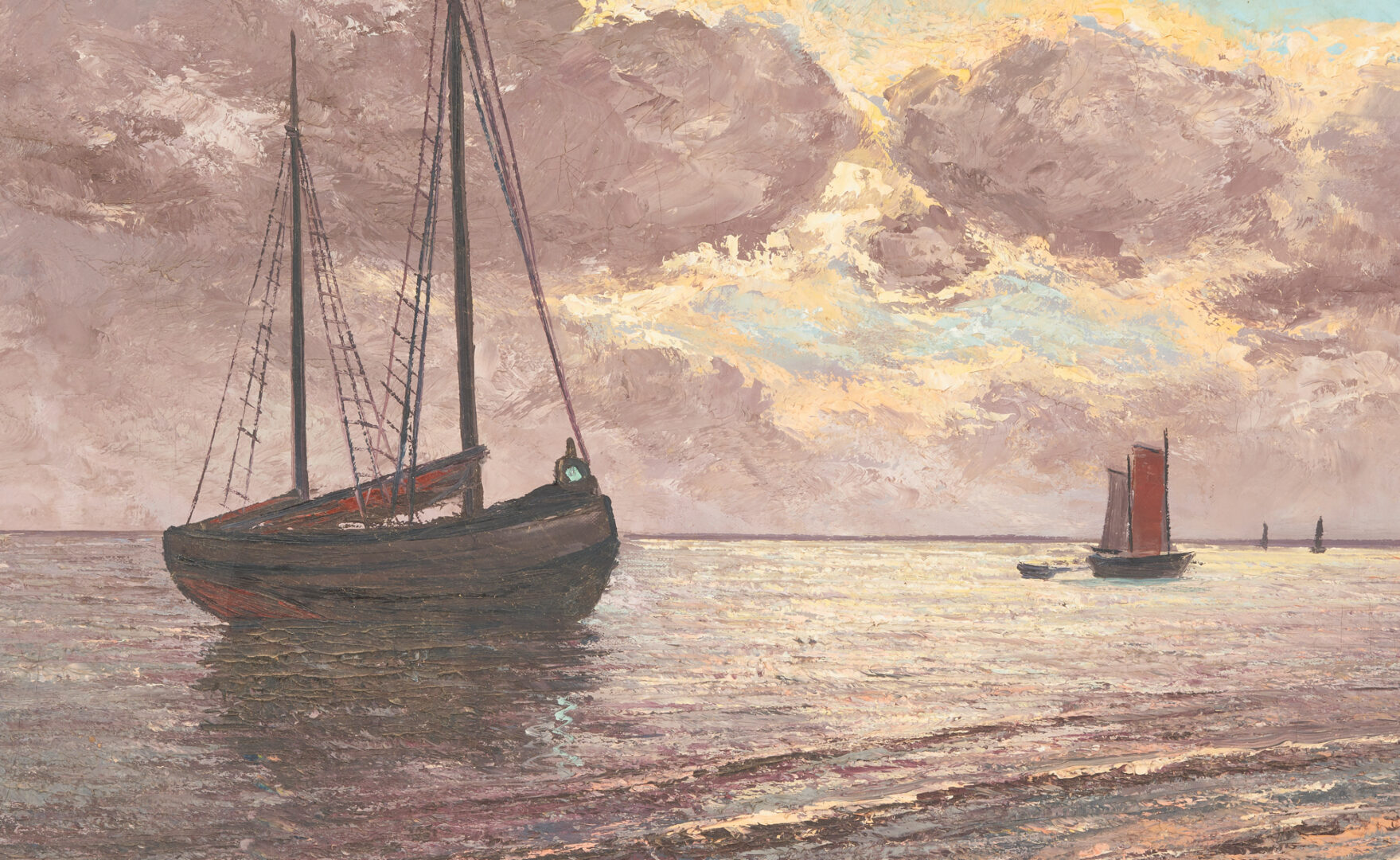 Lot 1154: Continental School O/C Maritime Painting, Boats Under an Evening Sky