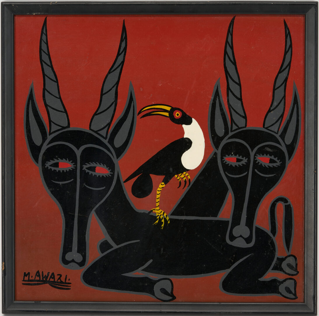 Lot 1157: Bushiri Awazi Acrylic on Panel Painting, Bird and Two Horned Animals