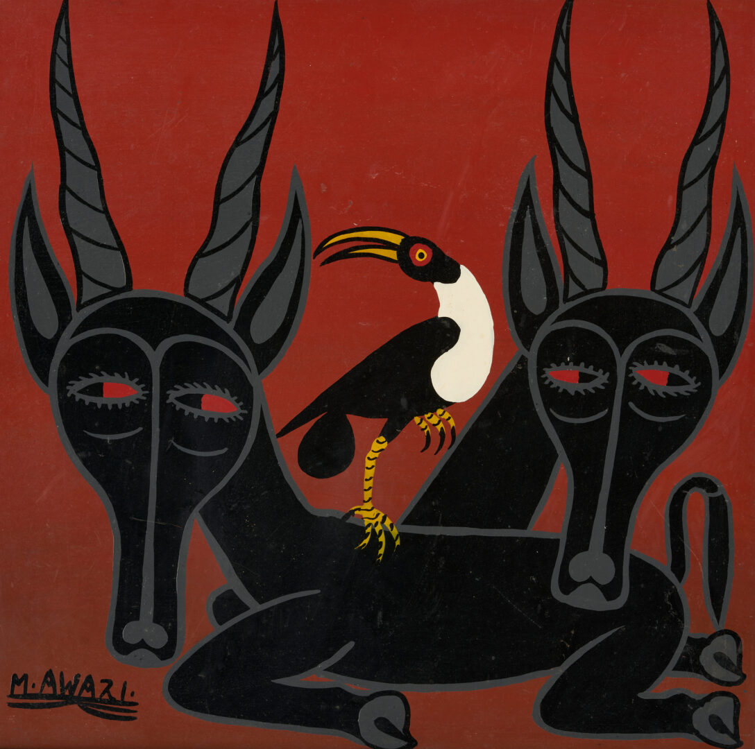 Lot 1157: Bushiri Awazi Acrylic on Panel Painting, Bird and Two Horned Animals