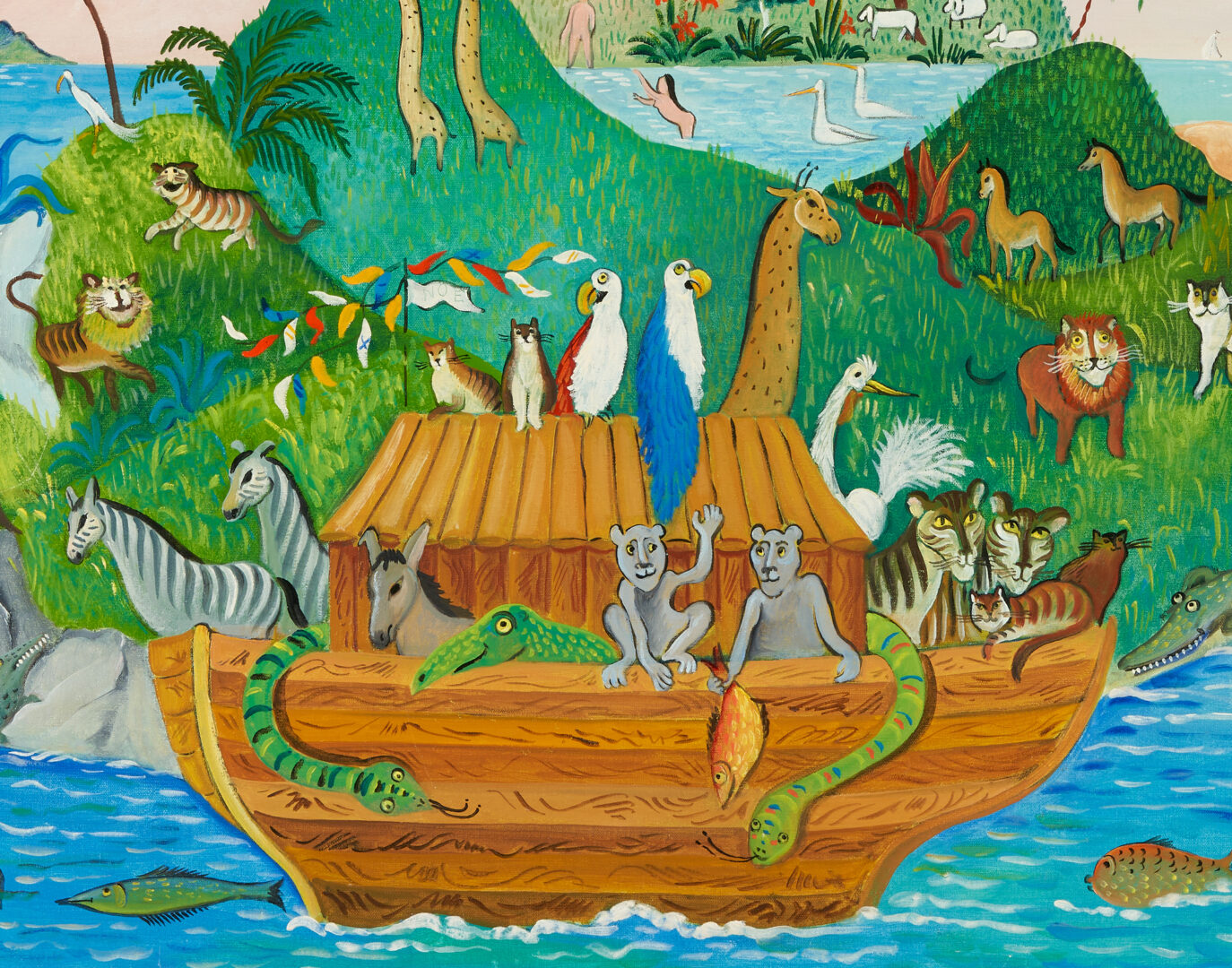 Lot 1158: Alessandra Puppo O/C Folk Art Painting, Noah's Ark | Case ...