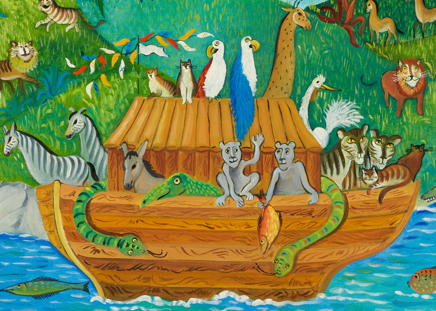 Lot 1158: Alessandra Puppo O/C Folk Art Painting, Noah's Ark