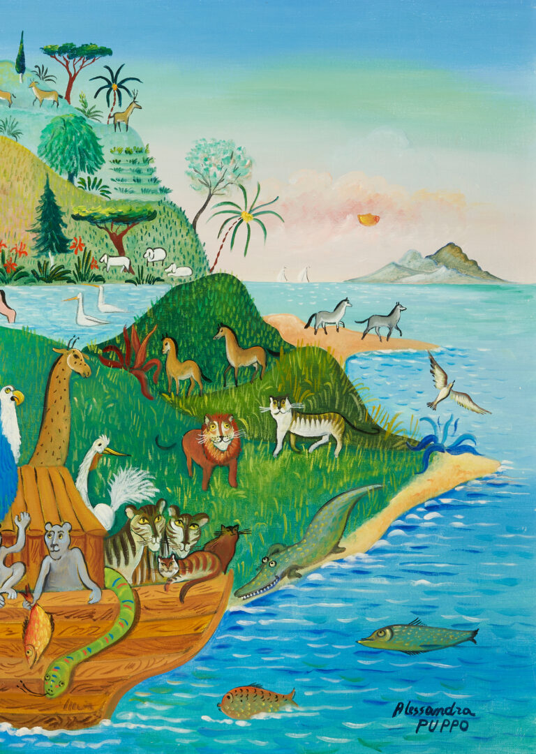 Lot 1158: Alessandra Puppo O/C Folk Art Painting, Noah's Ark