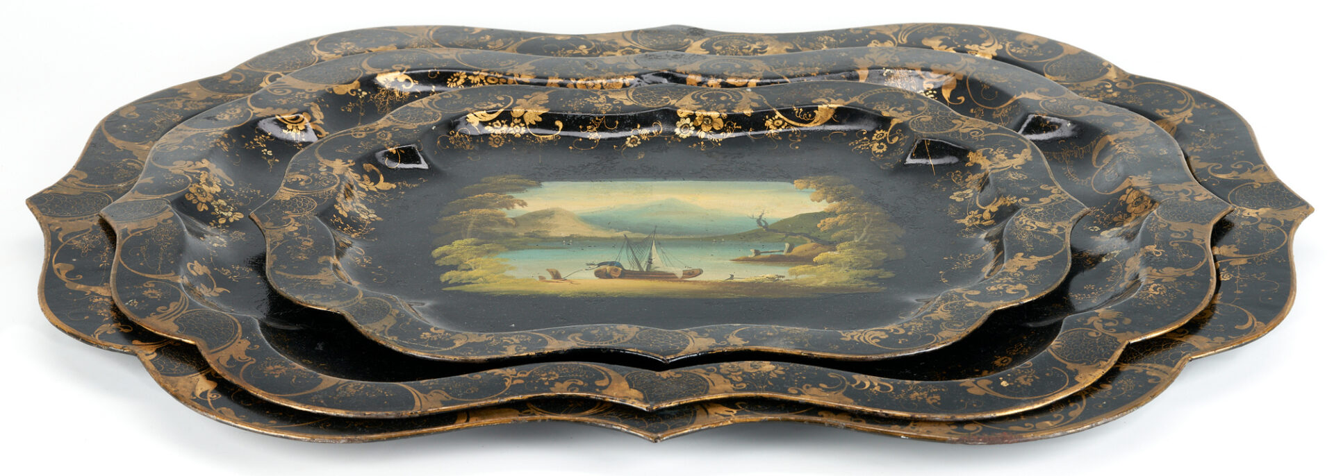 Lot 116: 3 Victorian Tole Trays with Maritime Paintings