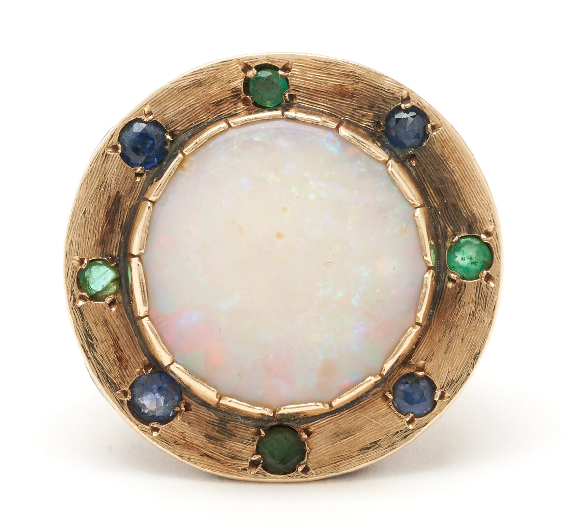 Lot 1173: Ladies 14K Opal, Emerald, & Sapphire Ring
