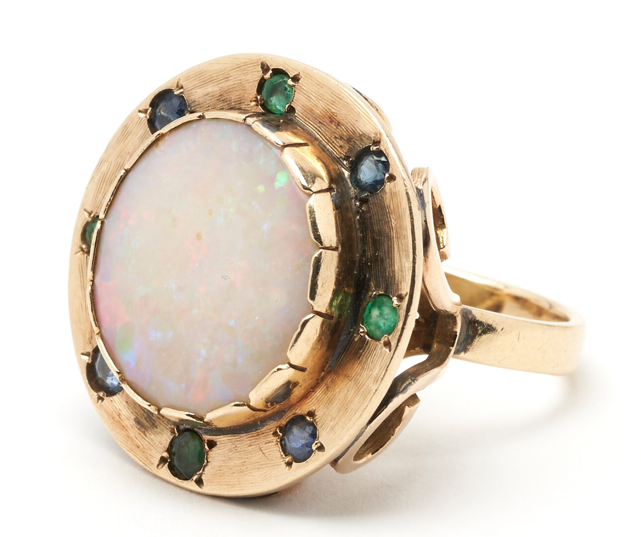 Lot 1173: Ladies 14K Opal, Emerald, & Sapphire Ring