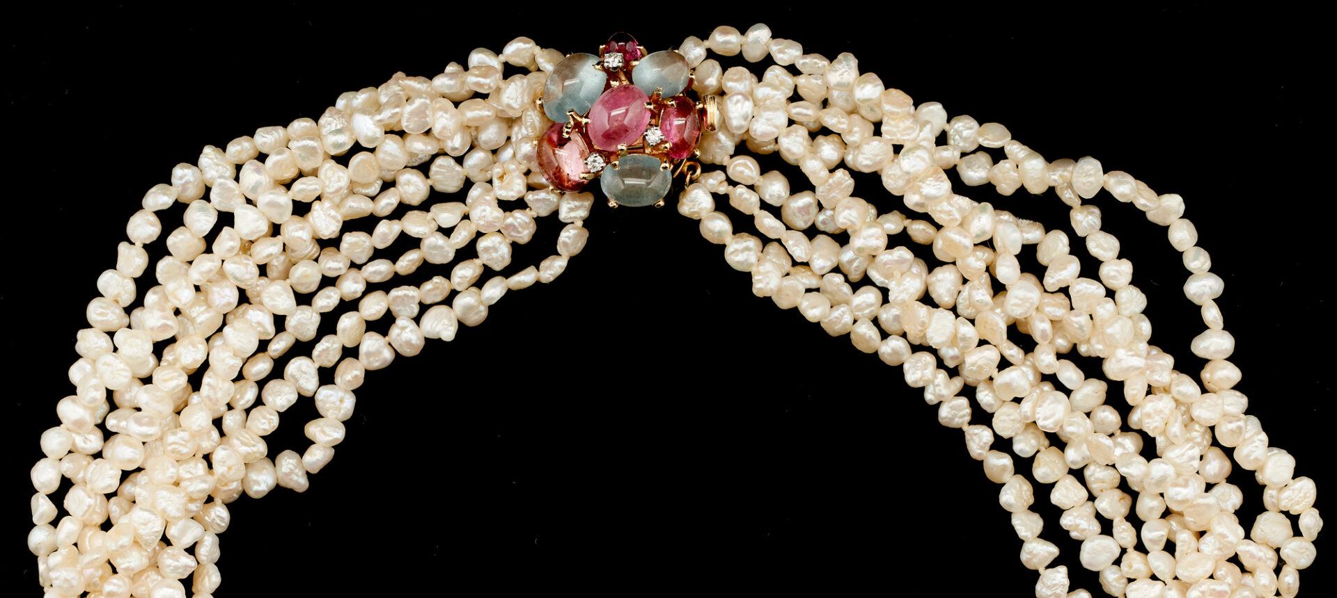 Lot 1174: Multistrand Freshwater Pearls with 14K, Diamond, Aquamarine, & Tourmaline Clasp