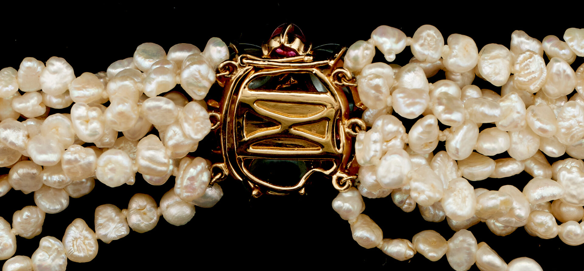 Lot 1174: Multistrand Freshwater Pearls with 14K, Diamond, Aquamarine, & Tourmaline Clasp