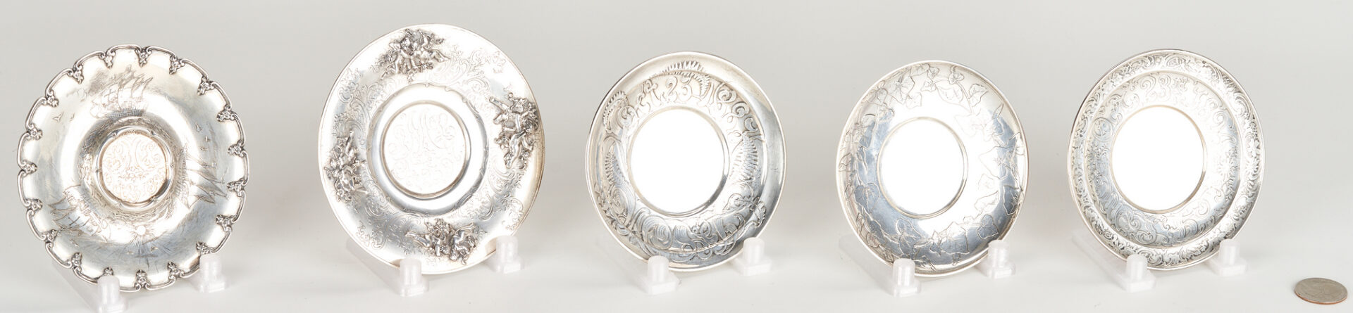 Lot 1201: 5 Tiffany Sterling Oct. 23 Commemorative Saucers