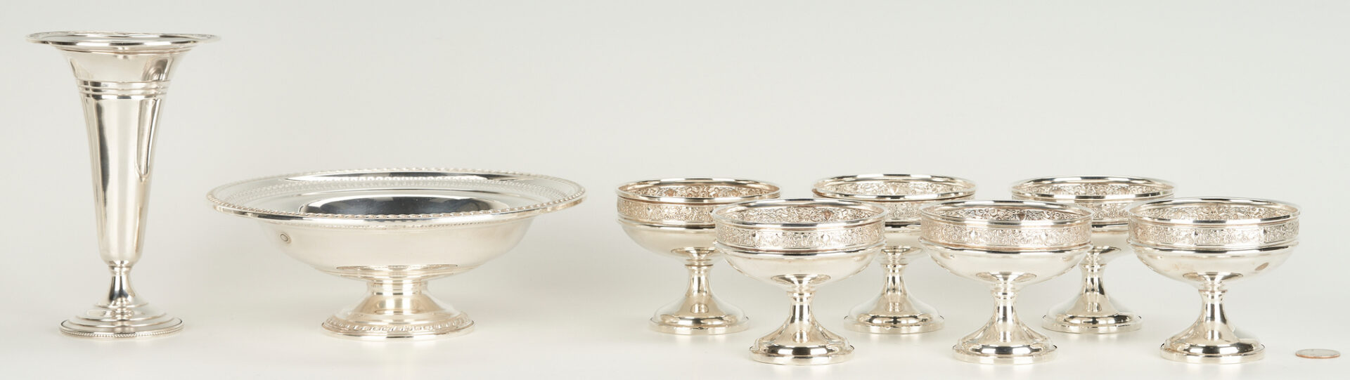 Lot 1203: 8 Sterling Silver Hollowware Items w/ Weighted Bases, incl. 6 Hirsch Sherbets, Webster Co. Vase, La Pierre Compote