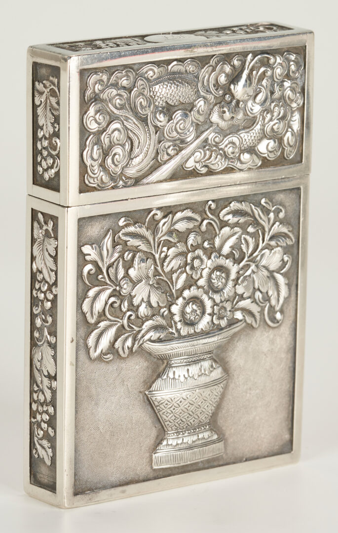 Lot 1205: 3 Small Silver Vertu Items: Card Case, Perfume Flask & Trinket Box