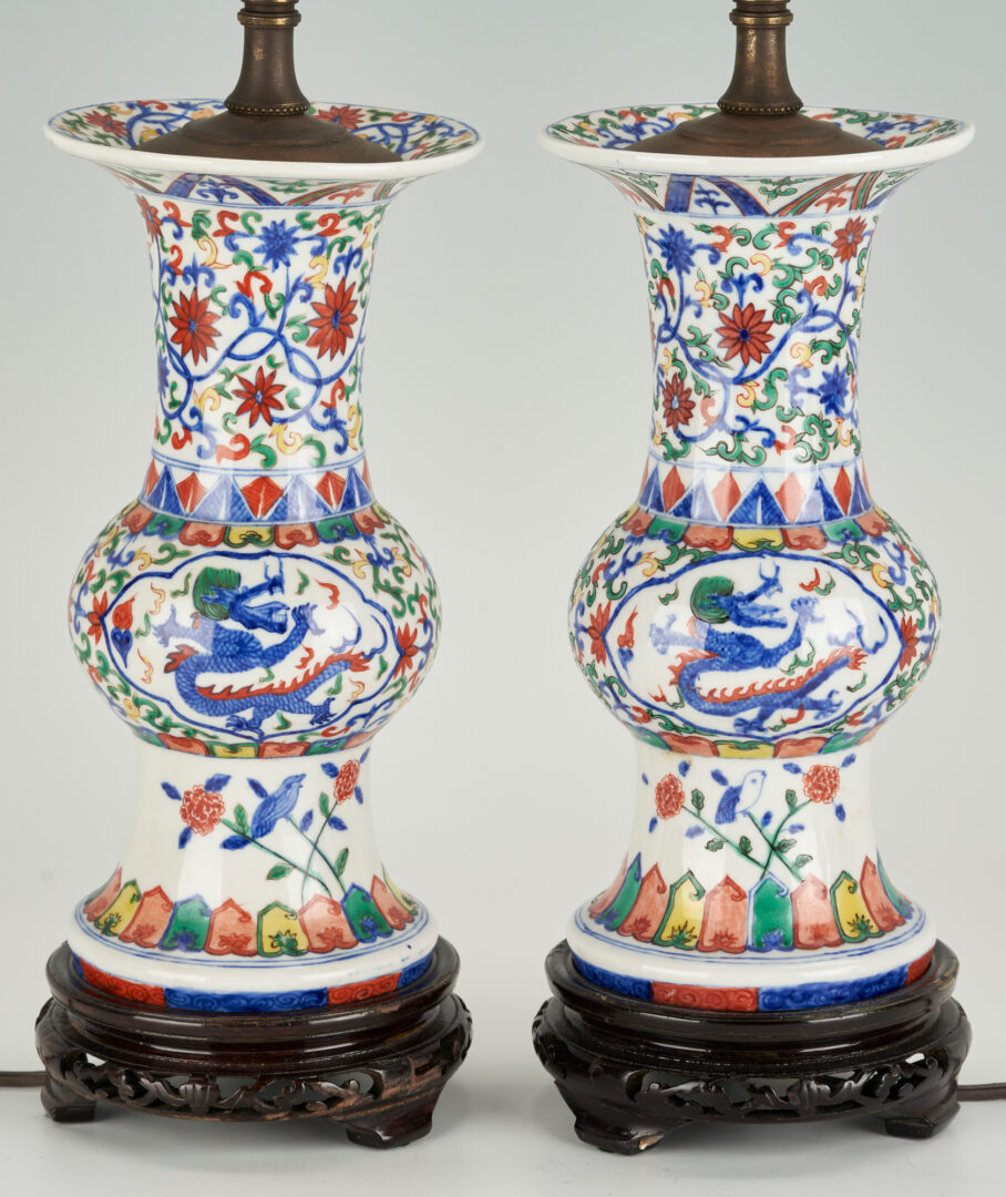 Lot 1212: 3 Chinese Wan Li style Wucai Gu Vases (2 wired as lamps)