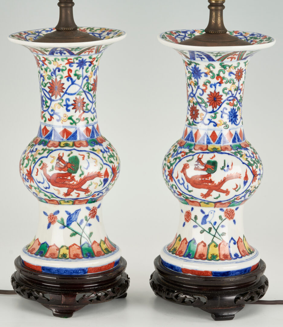 Lot 1212: 3 Chinese Wan Li style Wucai Gu Vases (2 wired as lamps)