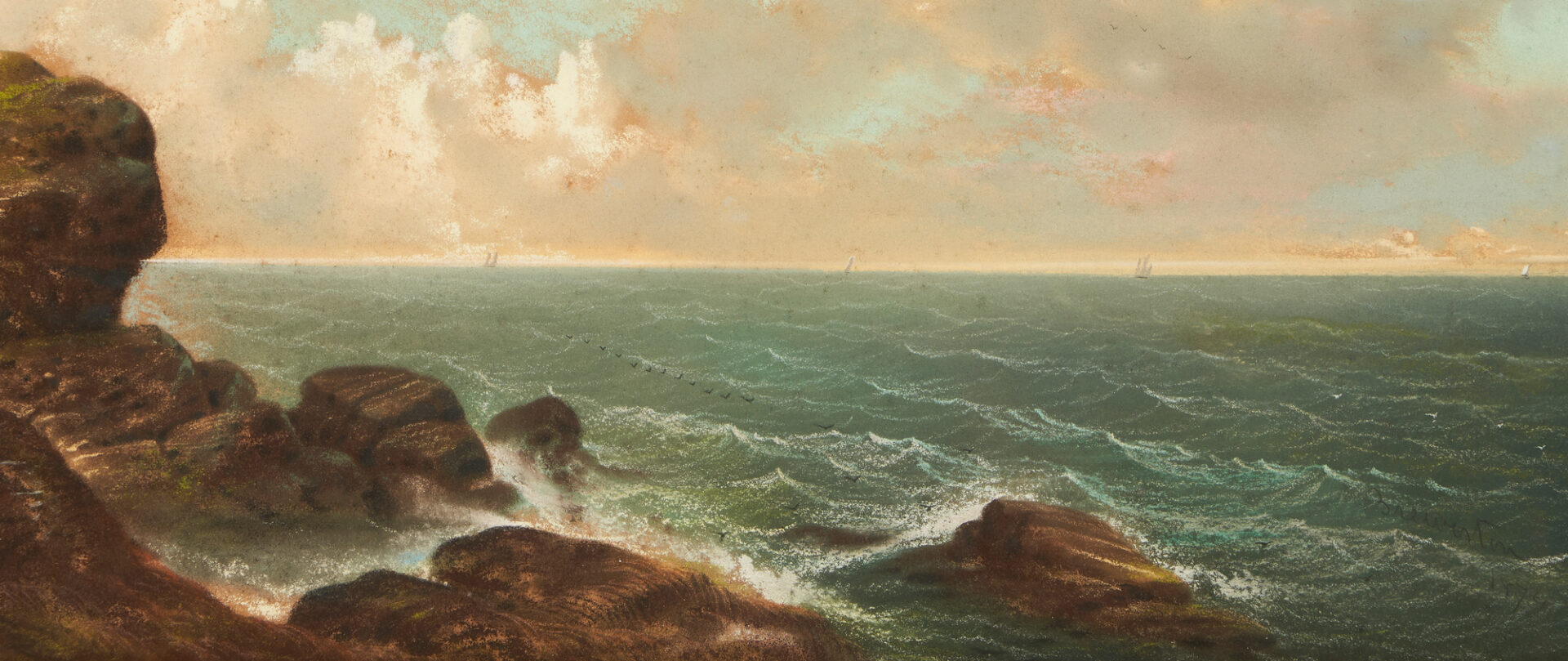 Lot 137: George Douglas Brewerton Pastel Marine Coastal Landscape Painting, Newport Rocks