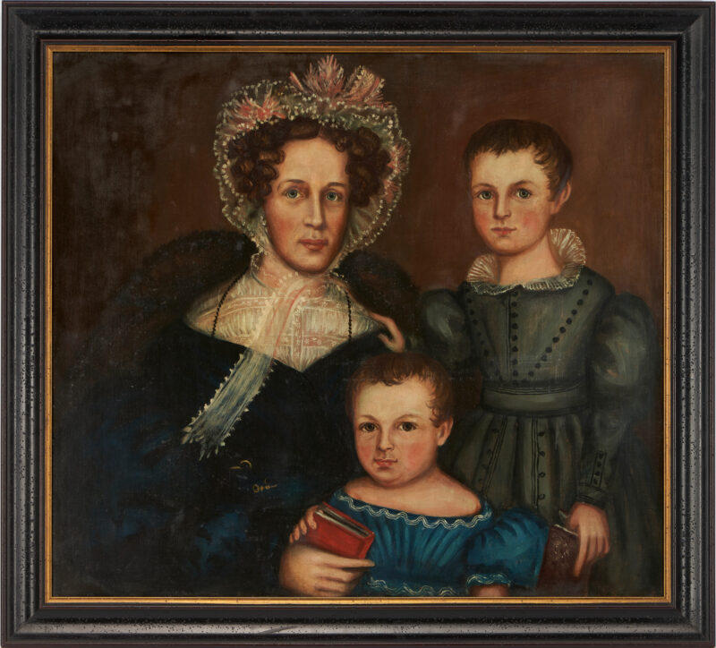 Lot 139: Style of Zedekiah Belknap, Folk Art Portrait of Mother and 2 Children