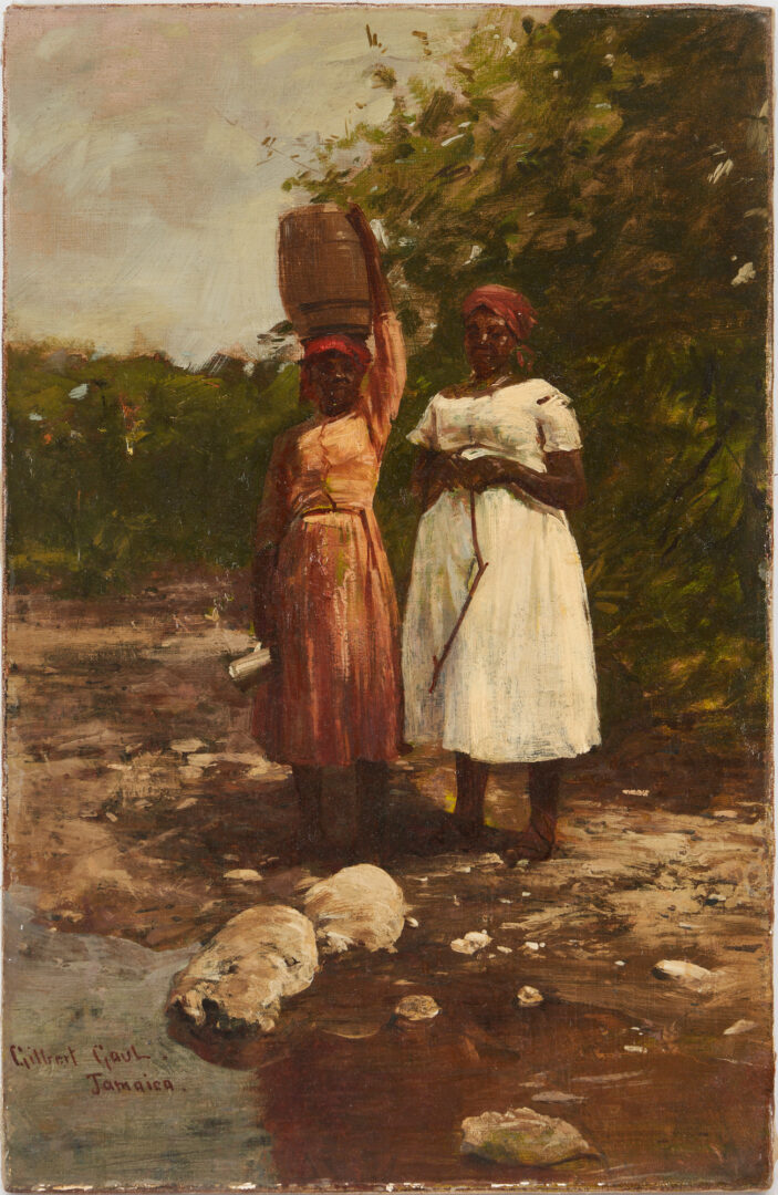 Lot 143: Gilbert Gaul O/C Painting, Women by a River, Jamaica
