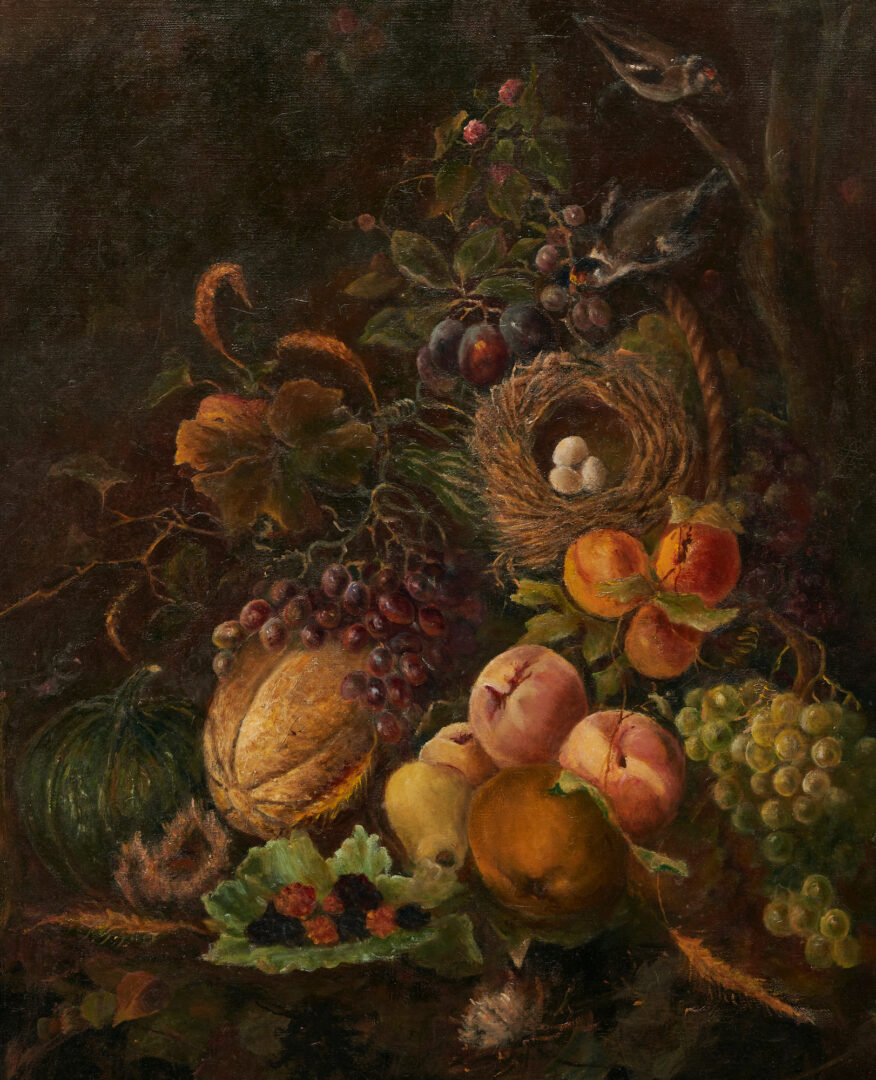Lot 155: Cornelius Hankins Large O/C Still Life with Fruit & Birds