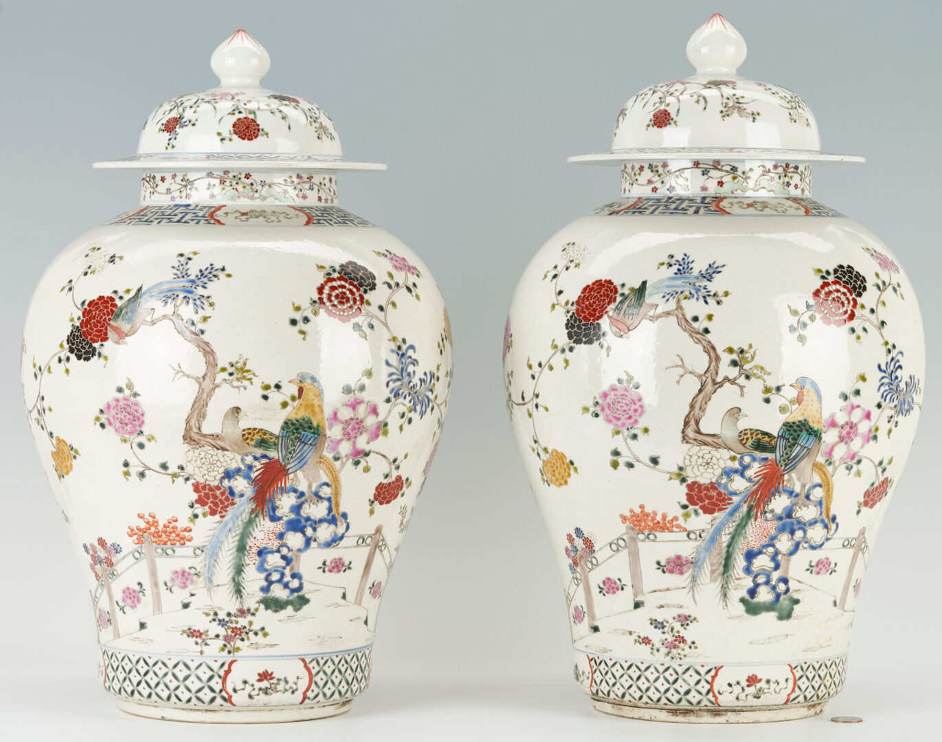Lot 15: Pair Large Famille Rose Porcelain Covered Jars