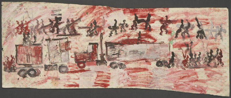 Lot 165: Purvis Young Large Outsider Art Mixed Media Painting, Trucks & Figures