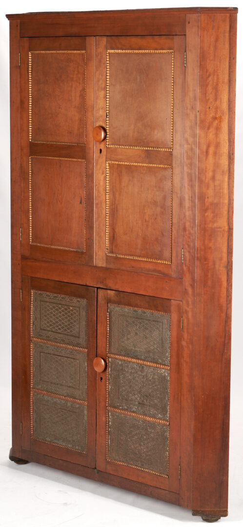 Lot 184: East TN Cherry Corner Cupboard w/ Punched Tins