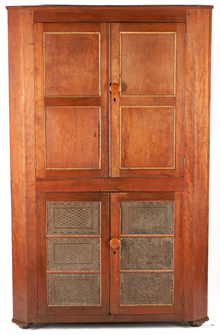 Lot 184: East TN Cherry Corner Cupboard w/ Punched Tins