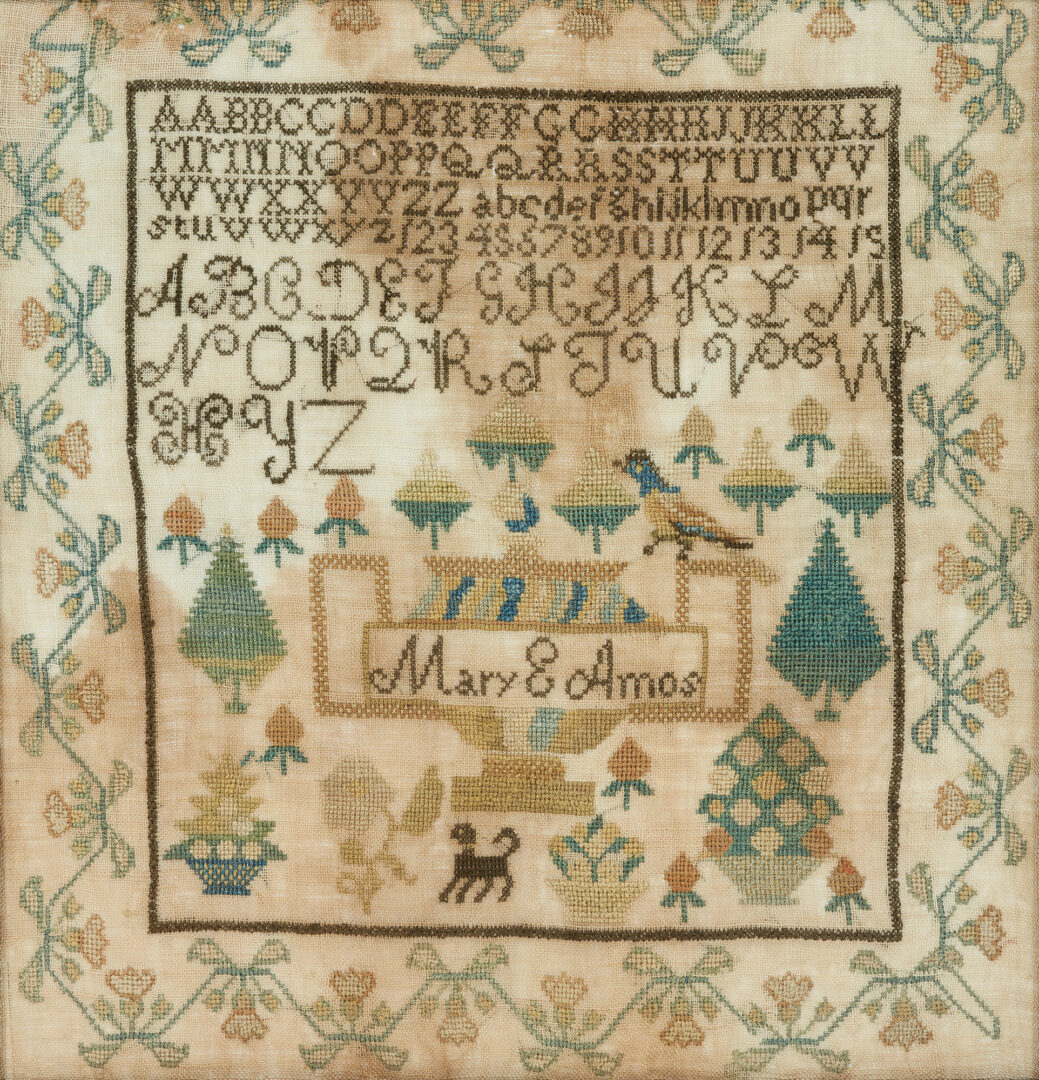 Lot 212: East Tennessee Needlework Sampler c. 1837 by Mary E. Amos