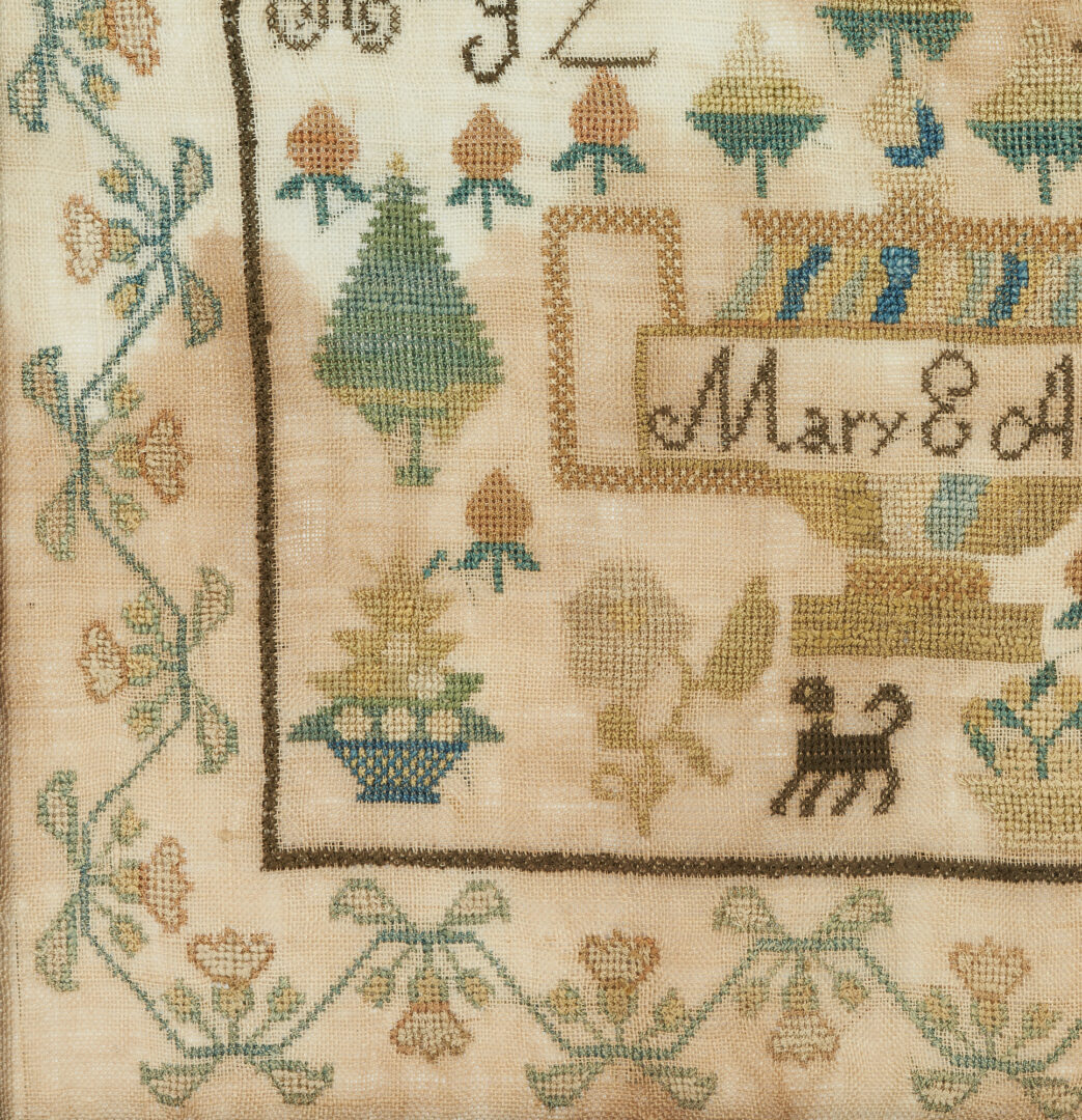 Lot 212: East Tennessee Needlework Sampler c. 1837 by Mary E. Amos