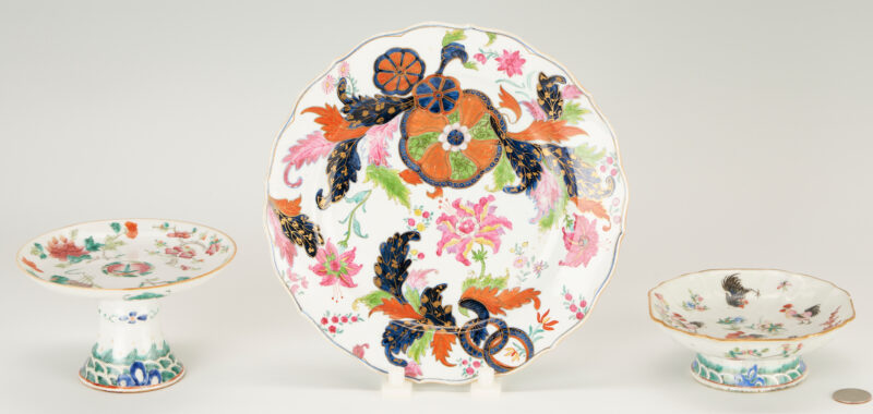 Lot 21: Chinese Export Tobacco Leaf Plate & 2 Tazzas, Rooster design