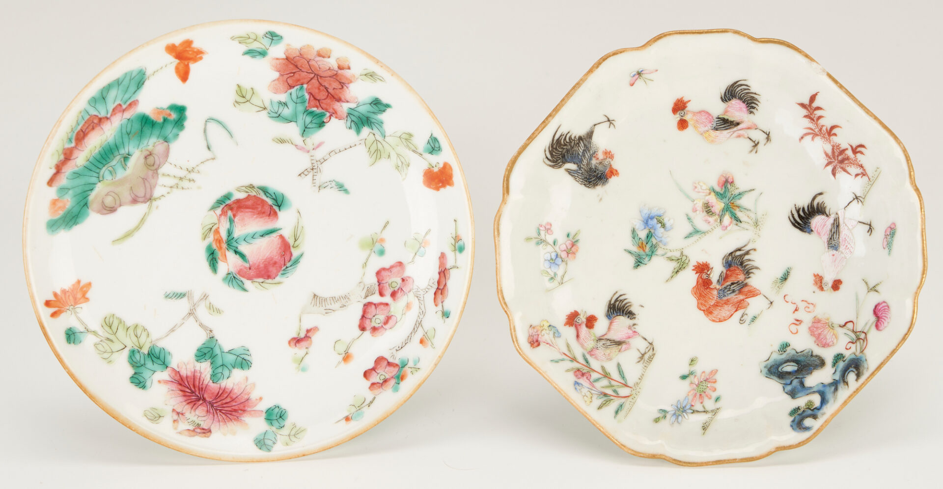 Lot 21: Chinese Export Tobacco Leaf Plate & 2 Tazzas, Rooster design