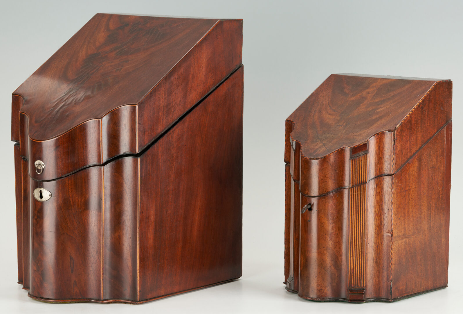 Lot 229: 4 English Wooden Boxes, incl. Knife Boxes, Tea Caddy, & Lap Desk