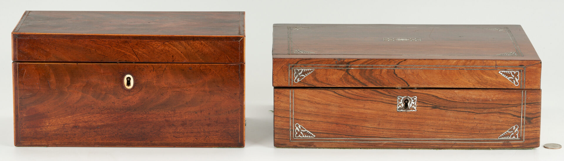 Lot 229: 4 English Wooden Boxes, incl. Knife Boxes, Tea Caddy, & Lap Desk