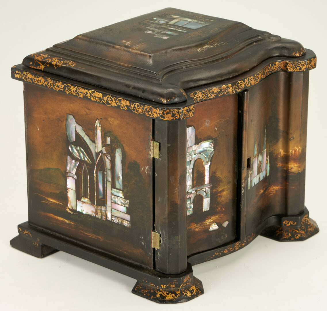 Lot 231: Mother of Pearl Scenic Inlaid Gilt Lacquer Jewelry Box