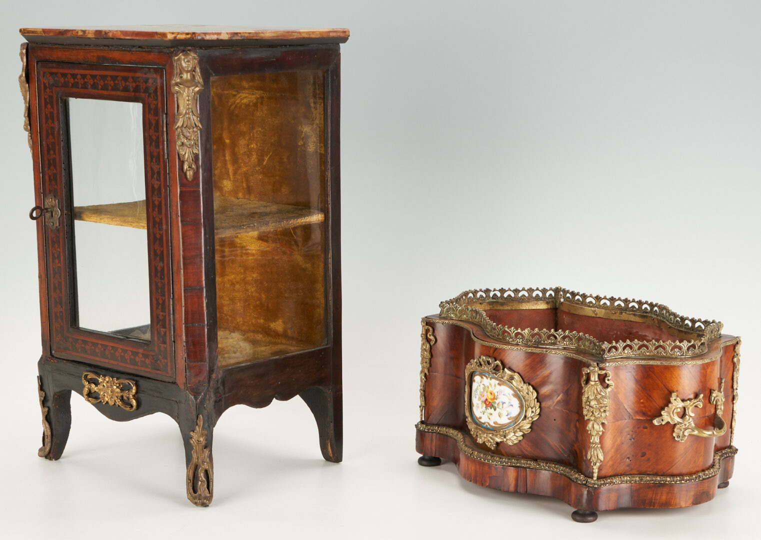 Lot 235: 2 French Items, incl. Napoleon III Jardiniere, Louis XV Style Miniature Cabinet